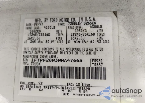 1998 Ford F-250 Lariat/Standard/Xl/Xlt from USA, damaged, VIN 1FTPF28W3WNA47665